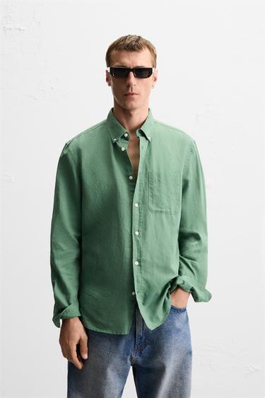 Camisas Zara 100% Linen Hombre Verde Con Camisa ZARA 100% Lino