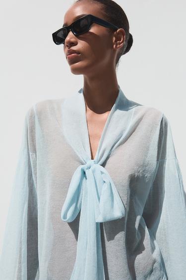 SEMI-SHEER KNITTED BLOUSE - Sky blue by Zara - Image 2