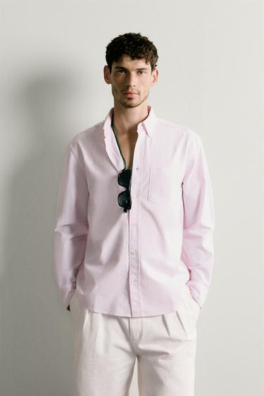REGULAR FIT TEXTURED OXFORD SHIRT - Pink / White by Zara