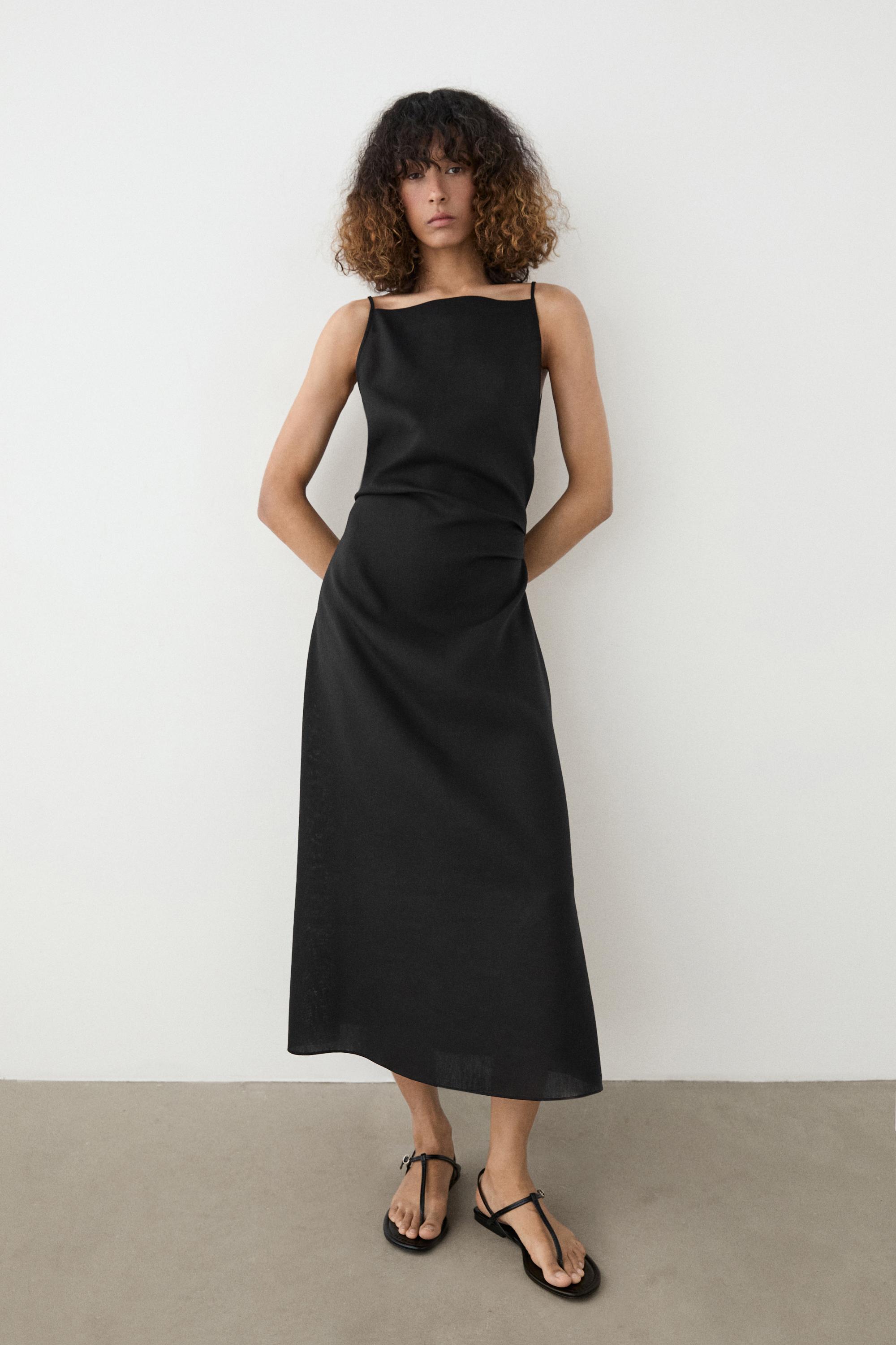 Linen blend spaghetti strap midi dress — Black