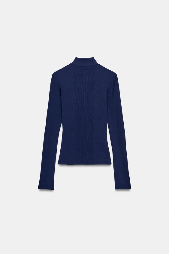 RIBBED HIGH NECK T-SHIRT - Navy blue by Zara - Image 4