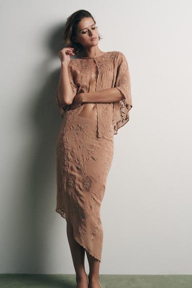 GEORGETTE SKIRT WITH EMBROIDERY AND BEADS - Pink by Zara