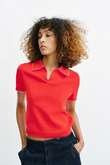 CONTRAST LACE KNIT POLO SHIRT - Red / Coral by Zara