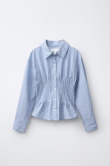 STRIPED PRINT GATHERED-WAIST SHIRT — Ecru / Blue 1