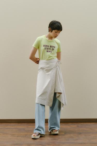 ウォッシュ加工テキストＴシャツライムZaraのウォッシュ加工テキストＴシャツ - ライム 