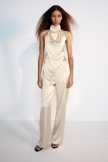 TOP SATINADO HALTER ASIMÉTRICO - Gris / Beige de Zara