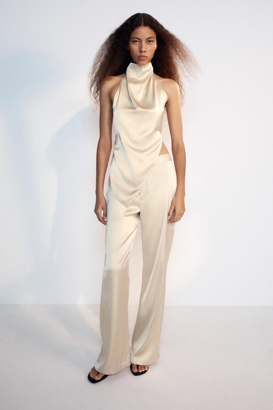 TOP SATINADO HALTER ASIMÉTRICO - Gris / Beige de Zara - Imagen 0