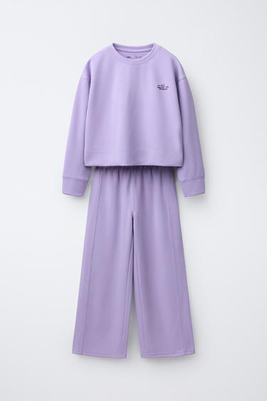 TOTAL LOOK სვიტერი და შარვალი WIDE LEG ტექსტი მოდალით - Zara-ს Mid-mink