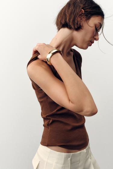 Zara RIB V-NECK T-SHIRT - Chocolate - Image 0
