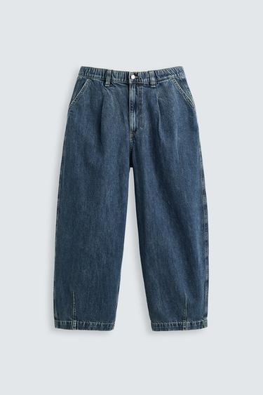PLEATED WIDE-LEG DENIM CHINOS - Mid-blue by Zara