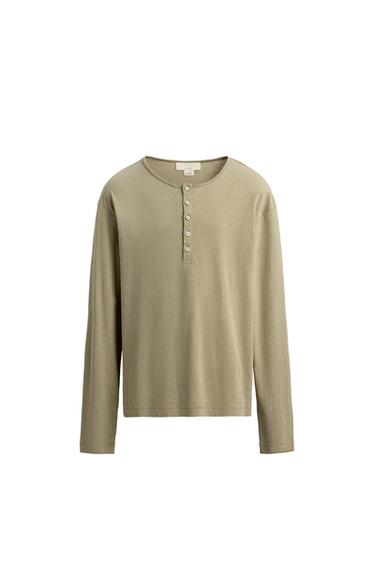 Zara LIMITED EDITION COTTON-LINEN BLEND HENLEY T-SHIRT - Dark beige
