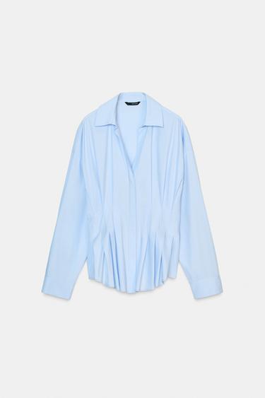 Zara PLEATED POPLIN SHIRT - Light blue