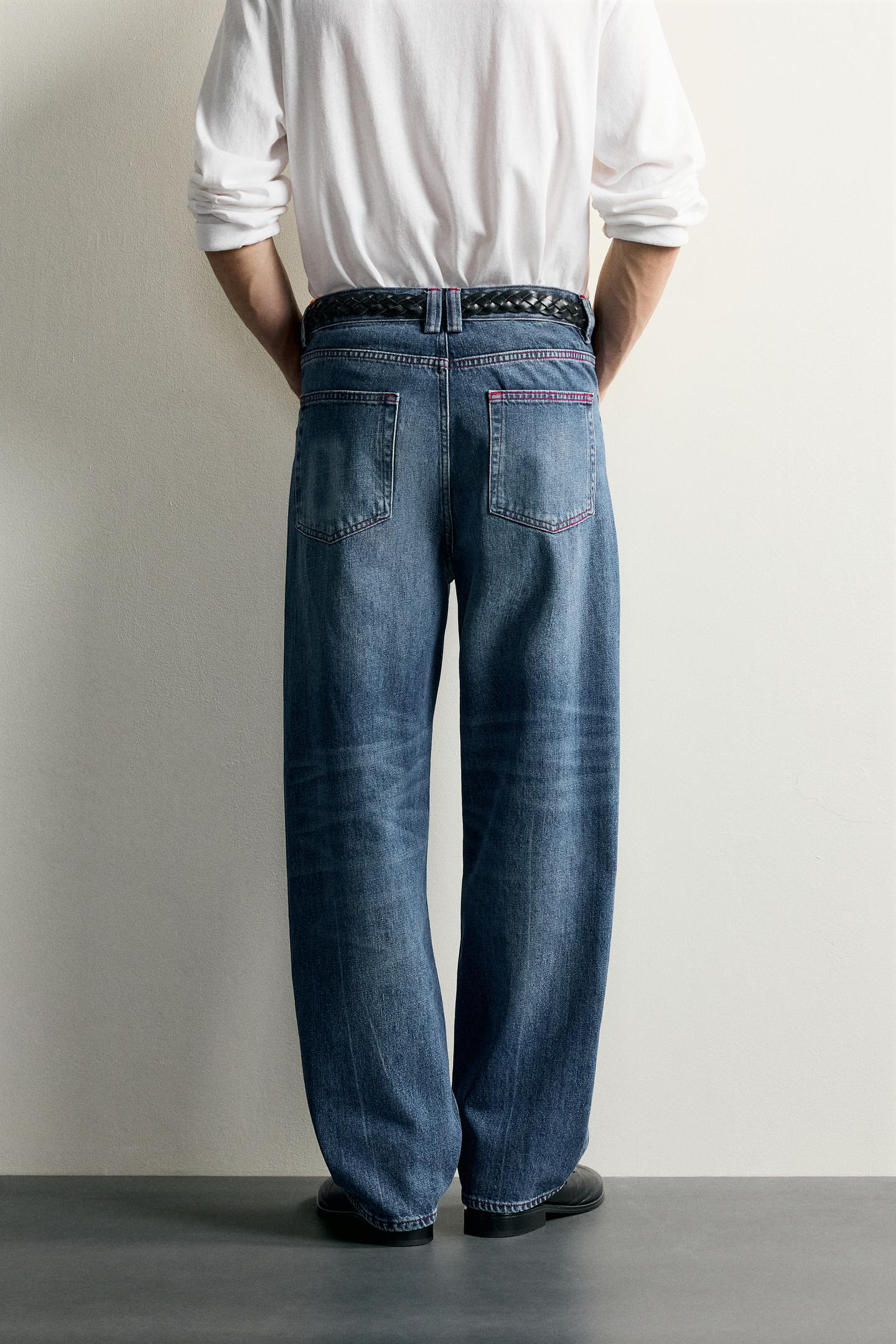 Мужские джинсы Zara Contrast-Stitch Straight-Fit, цвет: Синий — фото 3