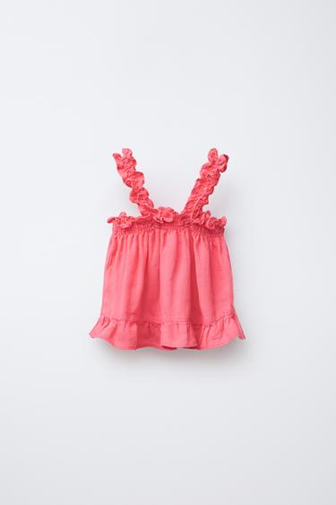 100% LINEN RUFFLE TOP - Red / Coral by Zara - Image 1