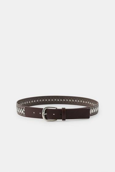 LEATHER EFFECT STUDDED BELT - Brown by Zara