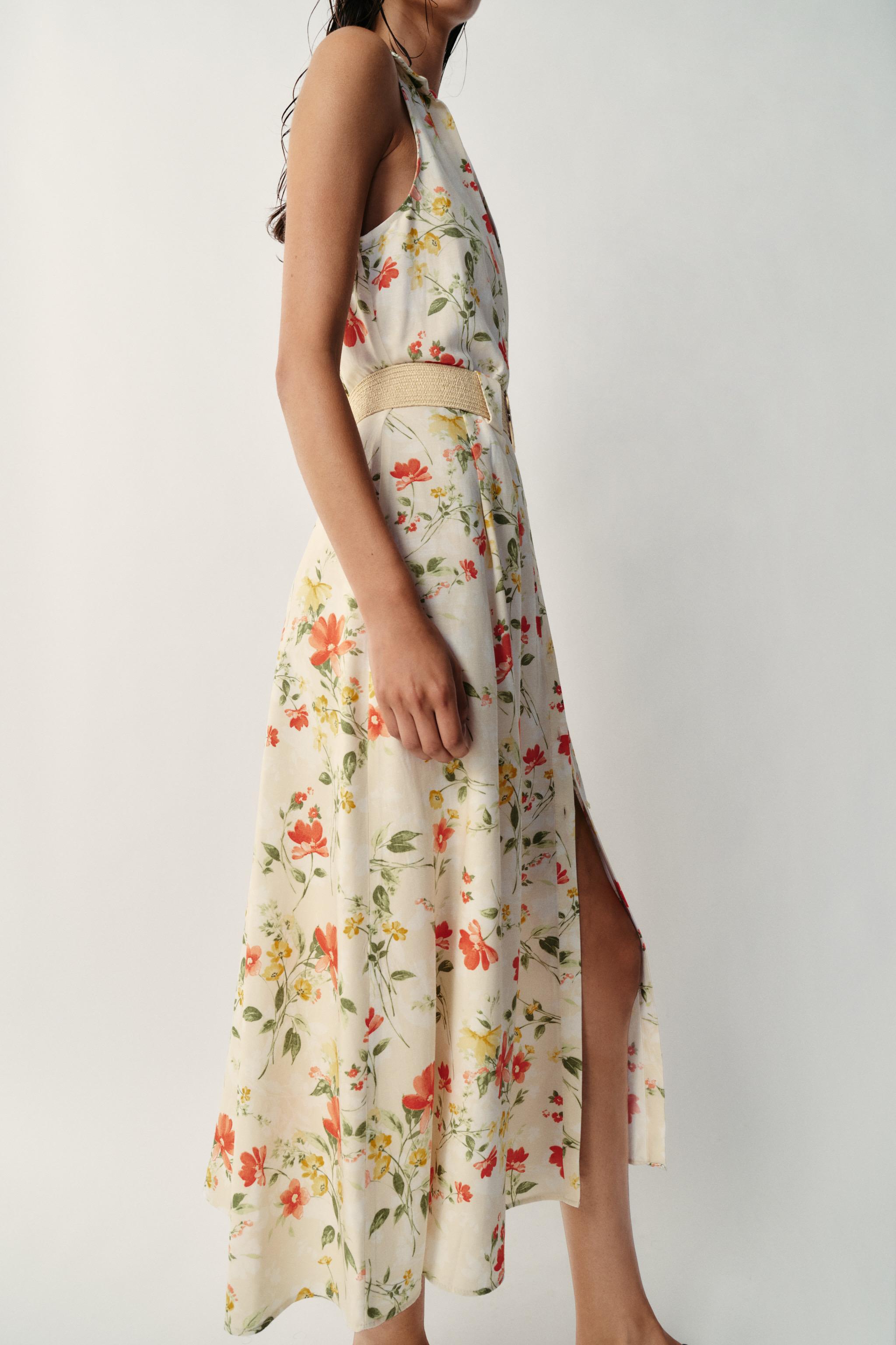 Zara Çiçek Desenli Kemerli Midi Elbise görsel 5