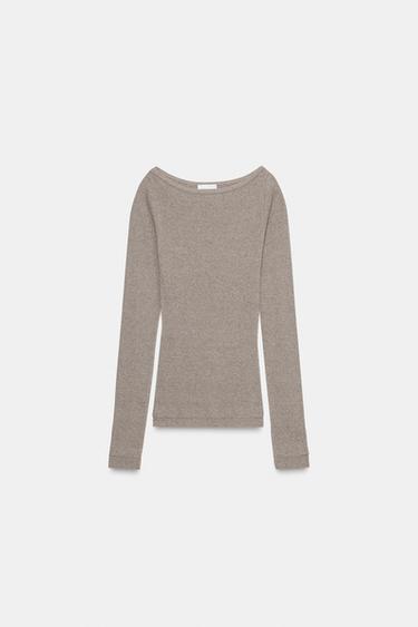T-SHIRT COL BATEAU CÔTELÉ - Kaki chiné de Zara - Image 2