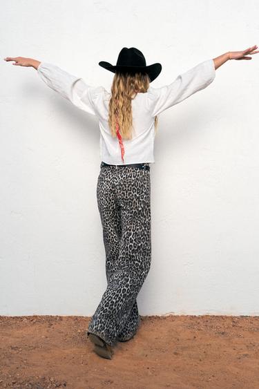 ANIMAL PRINT WIDE-LEG DENIM TROUSERS - Brown by Zara