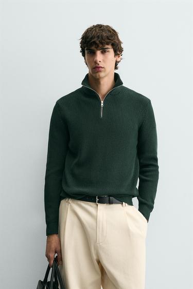 PURL KNIT QUARTER-ZIP JUMPER - Duck green by Zara