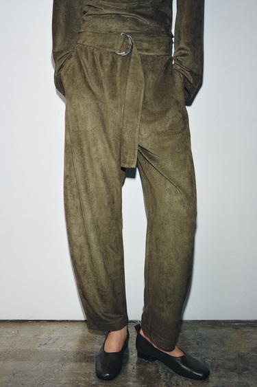 FAUX SUEDE BALLOON TROUSERS - Khaki by Zara - Image 1