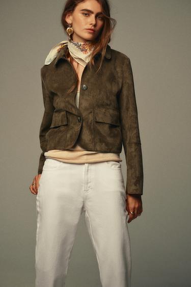 Zara FAUX SUEDE CROPPED JACKET - Khaki