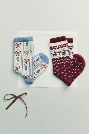 Zara TWO-PACK OF LONG SOCKS WITH GREEK KEY AND BOW PRINT - Maroon