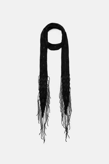 GEORGETTE BEADED FRINGED BANDANA - Black by Zara