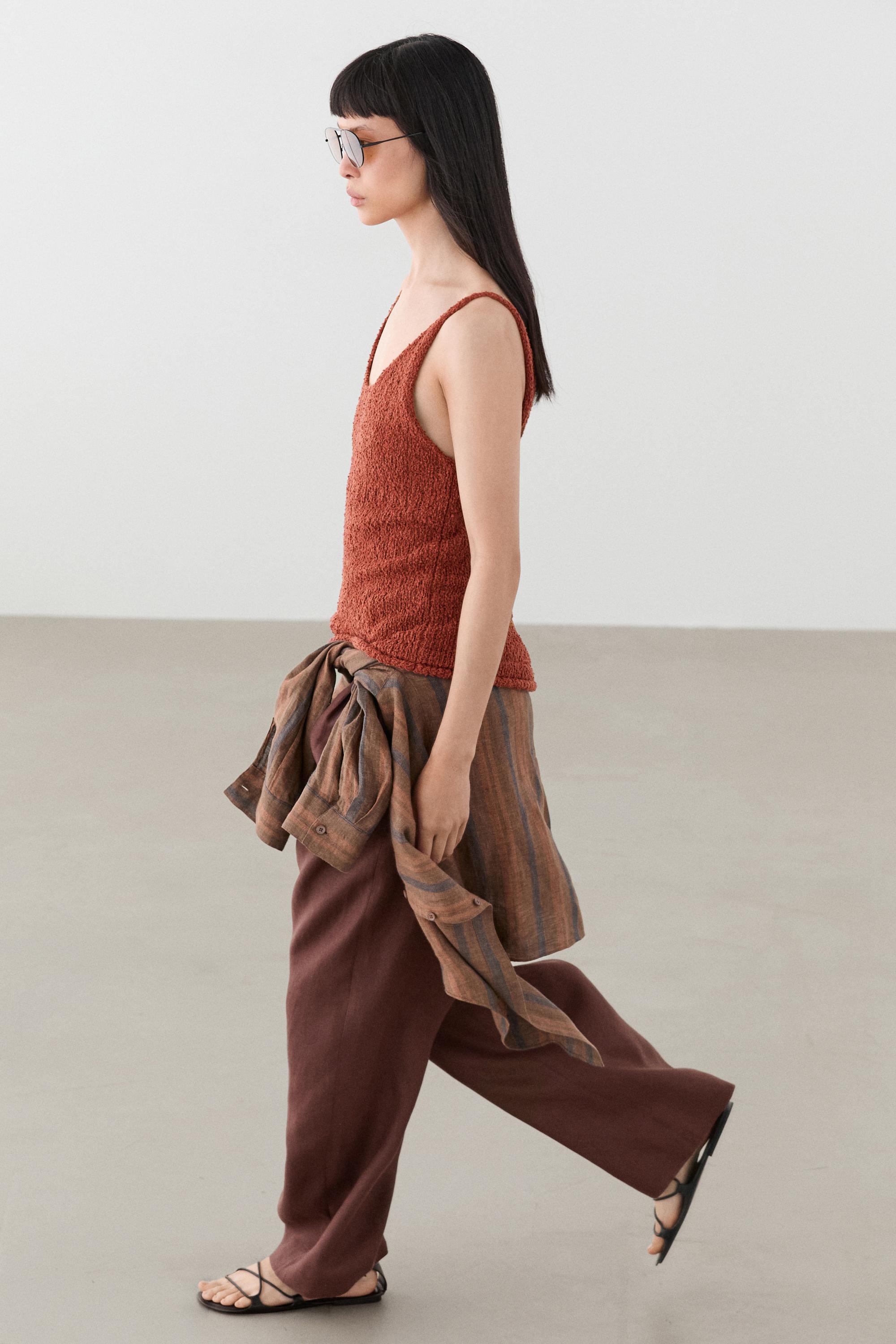 Textured cotton blend strappy top