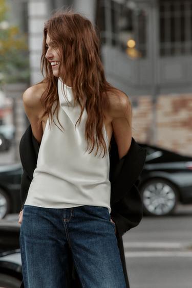 SATIN HALTER TOP - Ecru by Zara