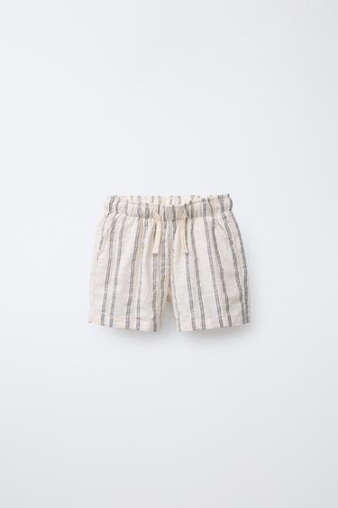 Zara RUSTIC STRIPED SHORTS - Ecru / Black