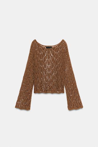 PULL EN MAILLE AJOURÉE À MANCHES ÉVASÉES - brique foncée de Zara - Image 6