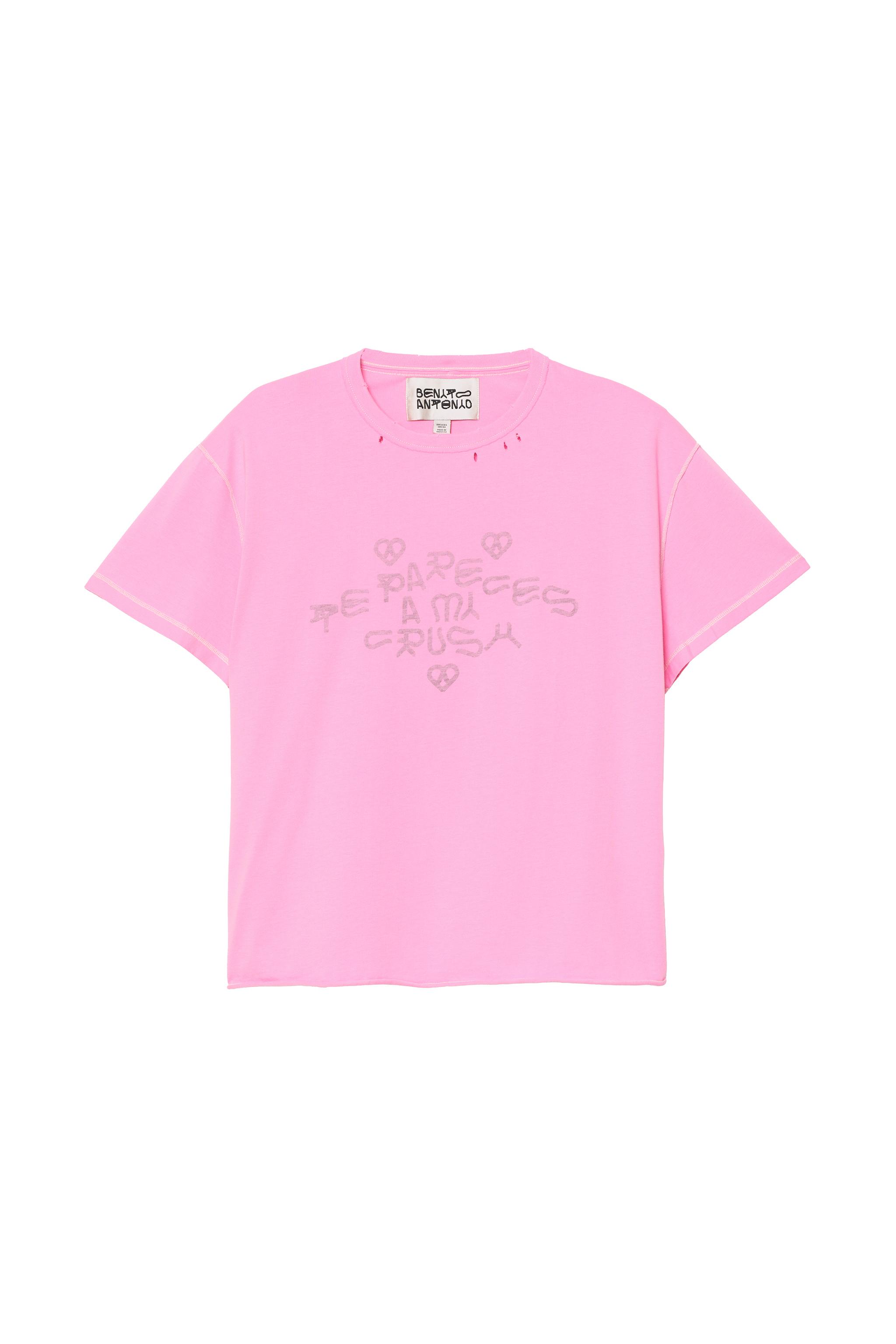 WASHED CRUSH TEXT INSIDE-OUT EFFECT T-SHIRT — Pink