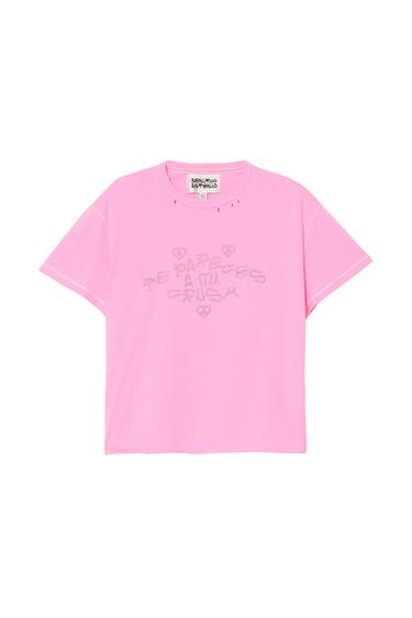 FADED REVERSE-EFFECT CRUSH SLOGAN T-SHIRT - Pink by Zara