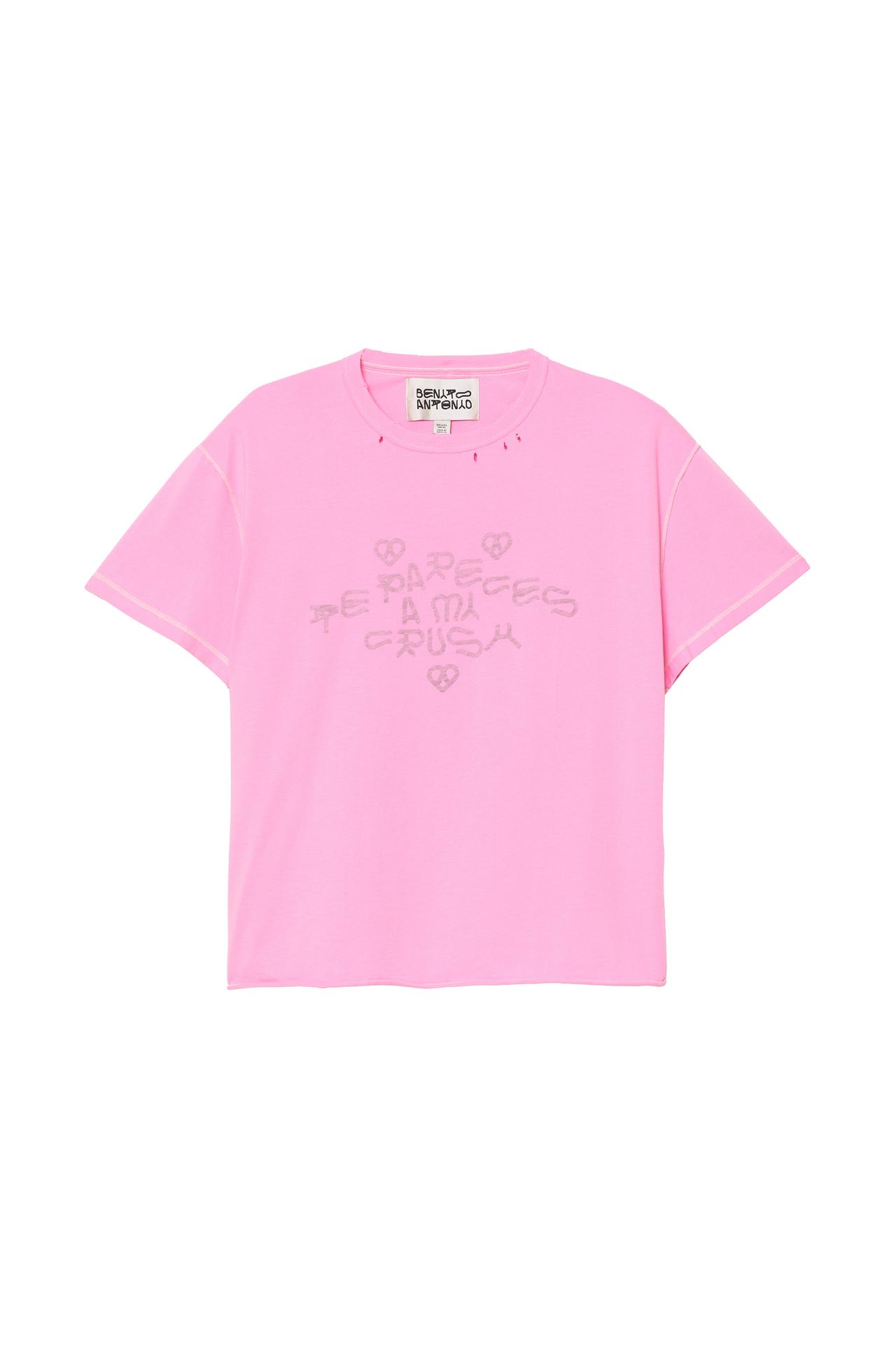 WASHED CRUSH TEXT INSIDE-OUT EFFECT T-SHIRT — Pink