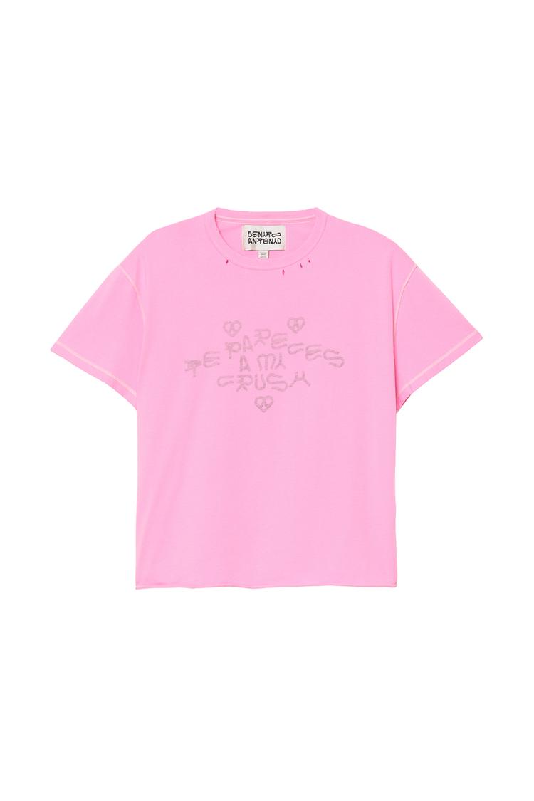 WASHED CRUSH TEXT INSIDE-OUT EFFECT T-SHIRT — Pink