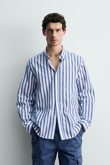 KEMEJA REGULAR FIT MOTIF GARIS - Biru / Putih dari Zara