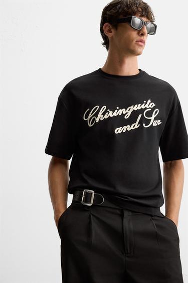 Zara EMBROIDERED TEXT T-SHIRT - Black