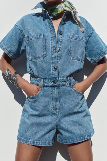 Zara Z1975 SHORT SLEEVE DENIM JUMPSUIT - Mid-blue