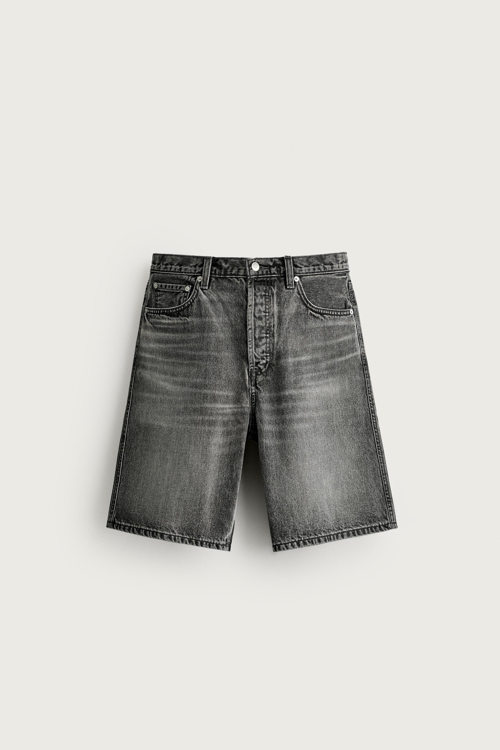 STRAIGHT FIT DENIM SHORTS — Mid-gray