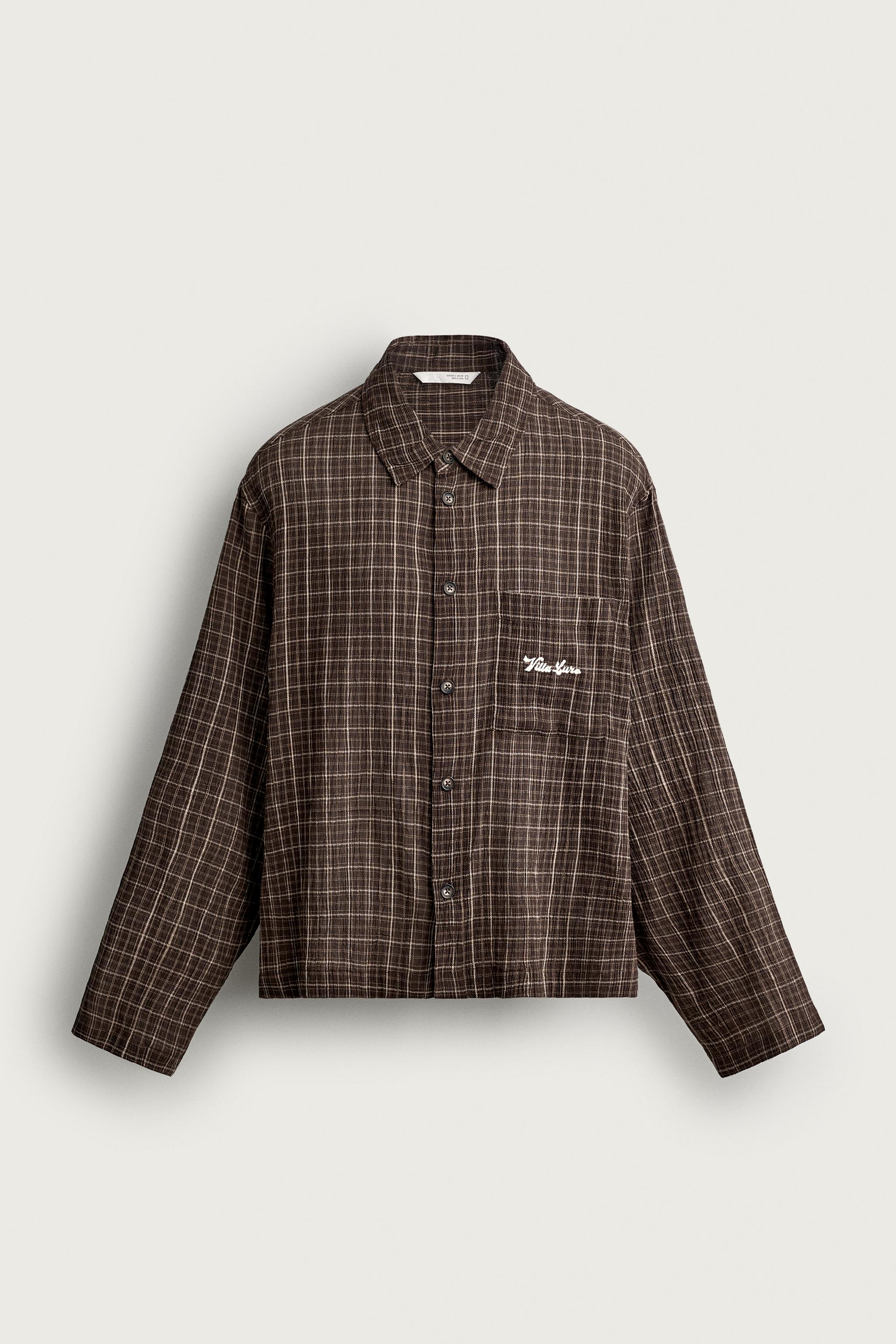 CONTRAST EMBROIDERED PLAID SHIRT — Brown