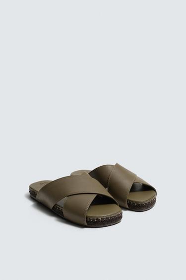 LEATHER CROSSOVER SANDALS - Green by Zara