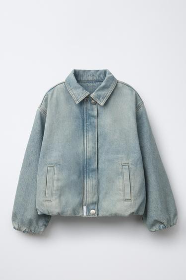 Zara WORN EFFECT DENIM BOMBER JACKET CLOSED © - Blue