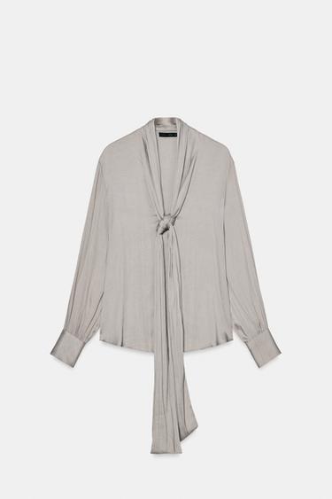 BLOUSE COL EN V AVEC NŒUD ZW COLLECTION - Gris perle de Zara - Image 7