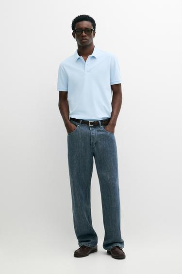 Zara Micro-textured cotton piqué polo shirt - Light blue - Image 0