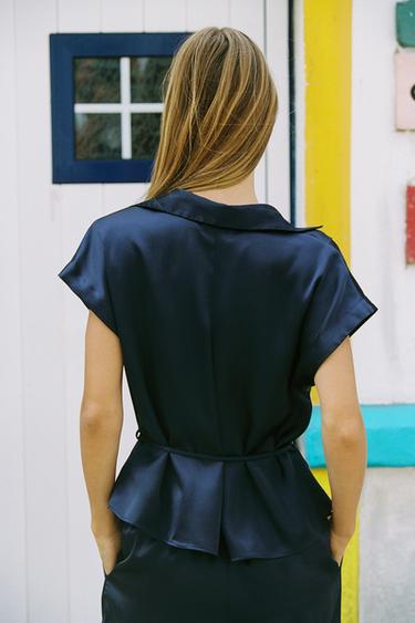 SATIN SHIRT WITH BELT - Navy blue by Zara - Image 4