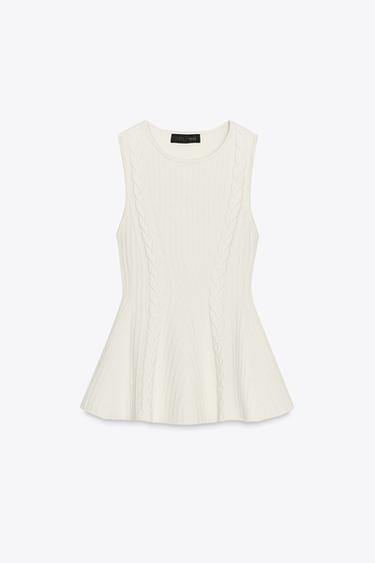 PEPLUM-STRICKOBERTEIL MIT ZOPFMUSTER - Cremefarben von Zara