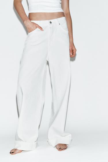 Zara TRF 中腰反摺破壞感吊襠牛仔褲 - 白色