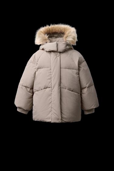 PLUMÍFERO PLUMA PLUMÓN WATER REPELLENT Y CAPUCHA PELO DESMONTABLE - Beige de Zara - Imagen 0