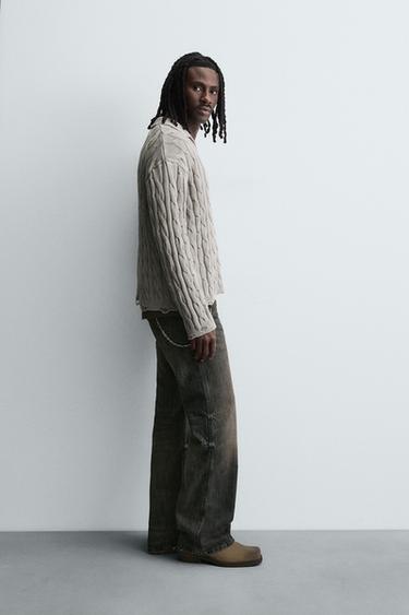 CABLE KNIT POLO SHIRT WITH DISTRESSED EFFECT - Pearl grey by Zara - Image 3