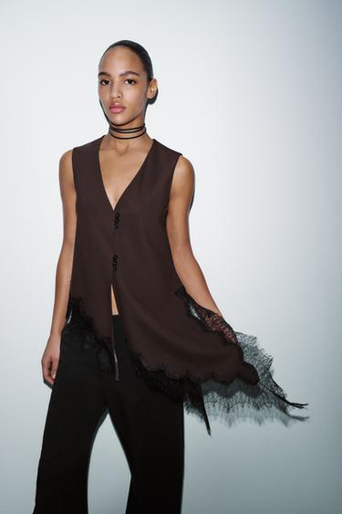 ASYMMETRIC LACE TOP - Brown by Zara